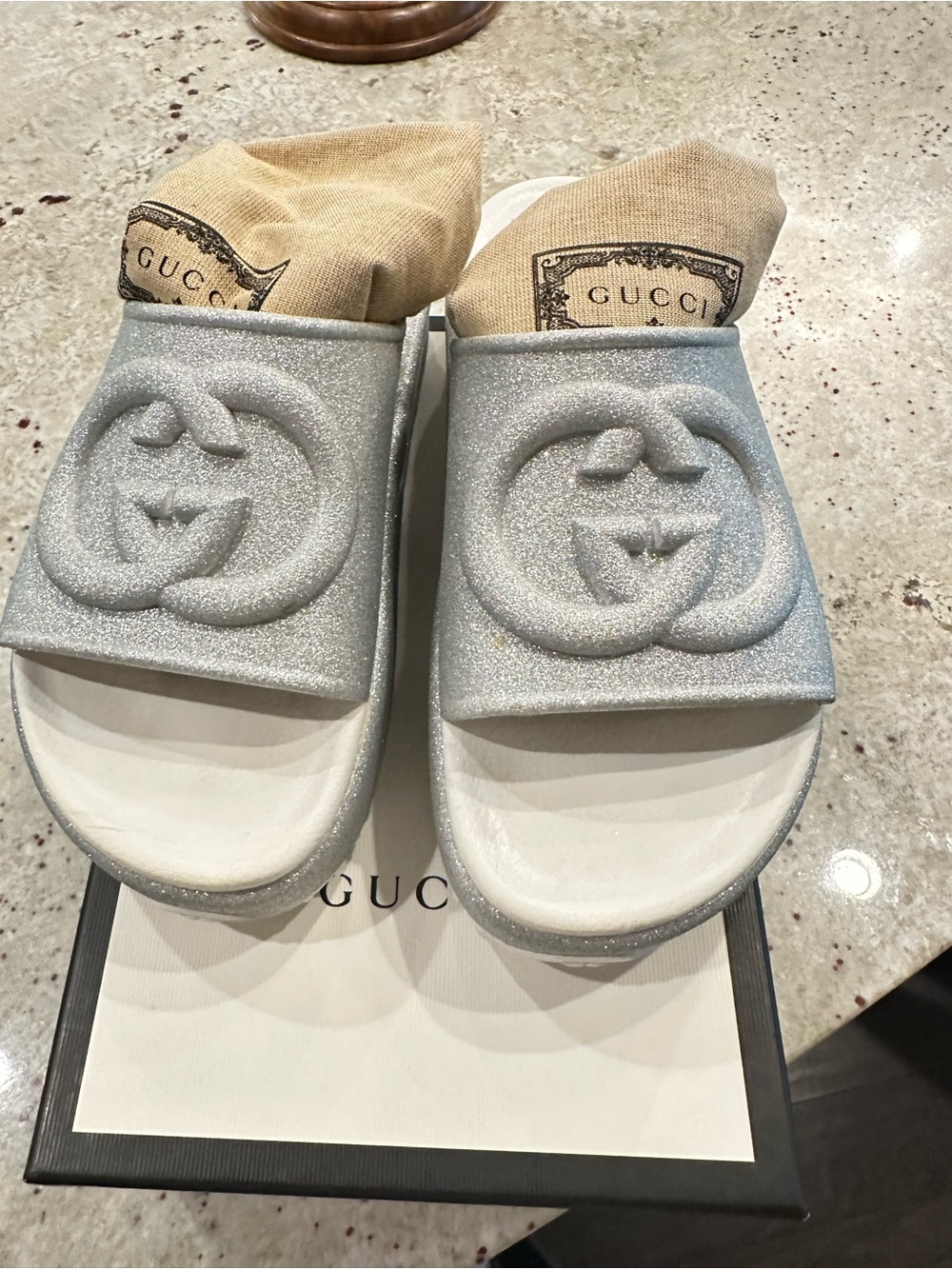 Gucci Silver Glitter Embossed GG Slide Sandals